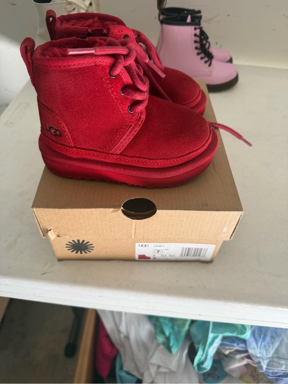 UGG Kids Red Suede Lace-Up Ankle Boots